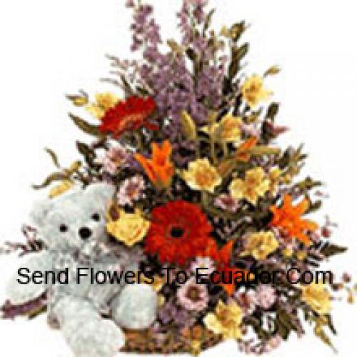 Mixed Flower Basket with Teddy